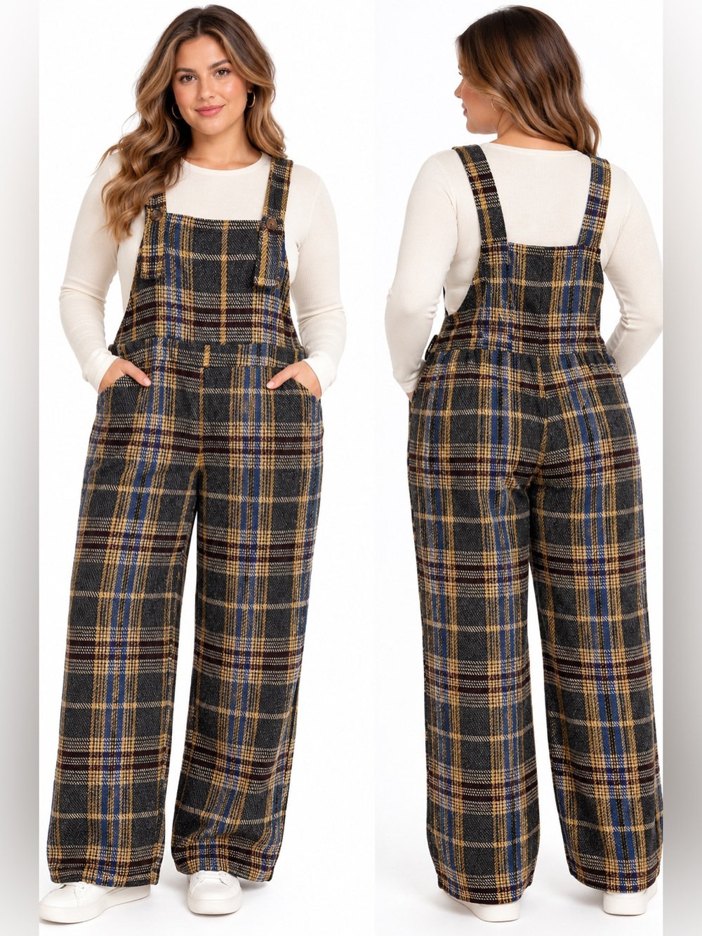 CIDER Tweed Plaid Button Up Wide Leg Jumpsuit Black & Yellow XL